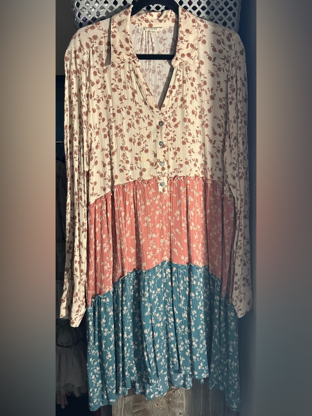 ODDY Cream, Pink and Teal Floral Tiered Midi Dress